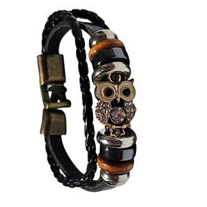 Owl Charm Rhinestone Owl Braided Leather Bracelet Metal Beads Boho Fashion Women